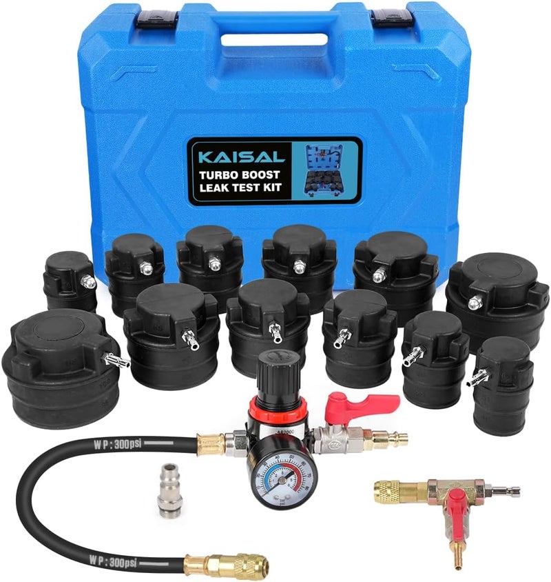 KAISAL Turbo Boost Leak Tester Kit 14PC Boost Leak Test Kit w/S.moke Adpt Turbo System Pressure Leakage Tester 6 Pairs of Stepped Adapters 1-4/5" to 3-9/10" Turbo Test Kit for Radiator Cooling Emission Pipes - Image 1